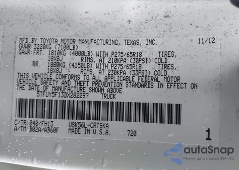2013 Toyota Tundra Grade 5.7L V8 from USA, damaged, VIN 5TFUY5F13DX282297